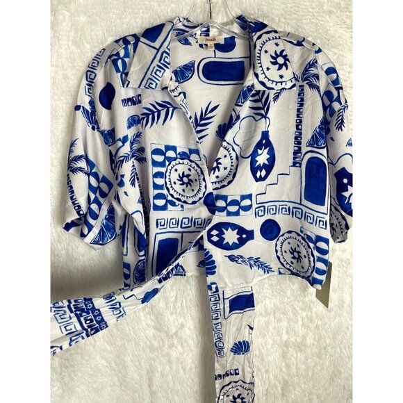 NWT Peach Medium Blue & White Short Sleeve Crop Top Waist Tie Collared V-Neck - Picture 3 of 8